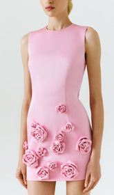 ROSE-APPLIQUÉ ROUND NECK CADY MINI DRESS